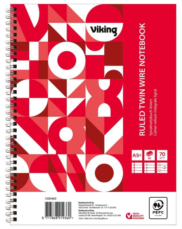 Viking Schrijfblok A5+ Gelinieerd Dubbeldraads Zijgebonden Papier Soepele kaft Rood Geperforeerd 2 Gaten 160 Pagina's 5 Stuks