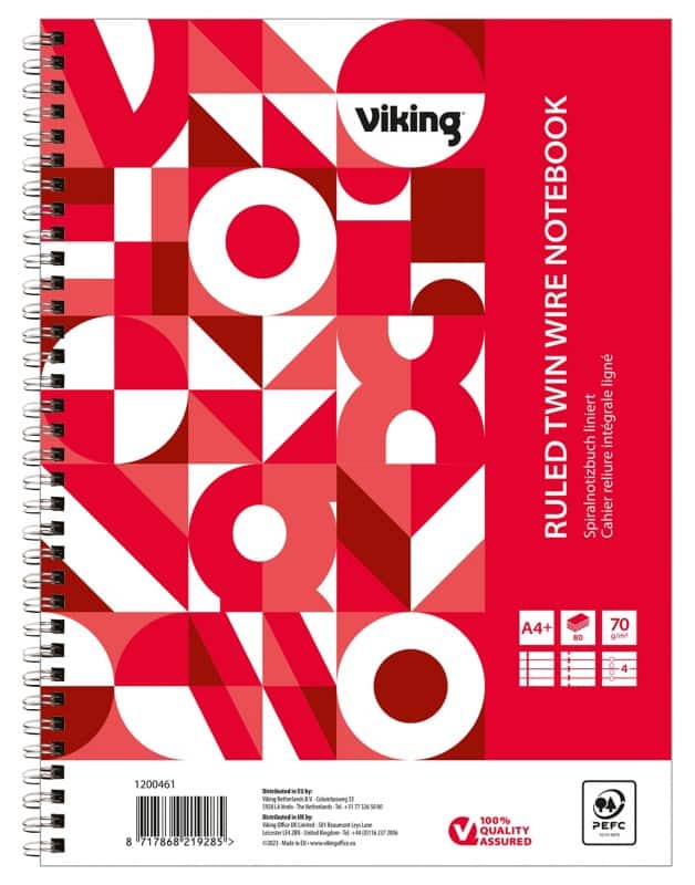 Viking Schrijfblok A4+ Gelinieerd Dubbeldraads Zijgebonden Papier Soepele kaft Rood Geperforeerd 160 Pagina's 5 Stuks