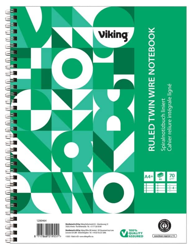Viking Schrijfblok A4+ Gelinieerd Dubbeldraads Zijgebonden Papier Soepele kaft Groen Geperforeerd 160 Pagina's