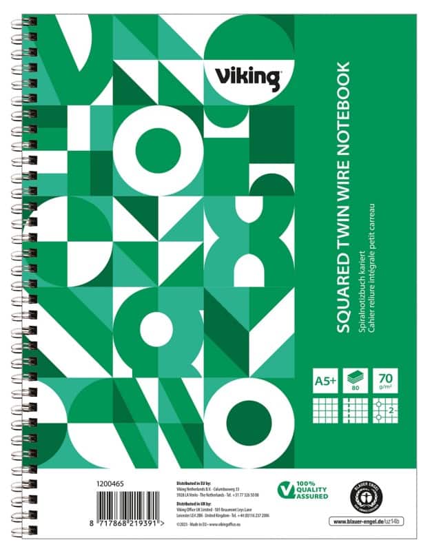 Viking Schrijfblok A5+ Geruit Dubbeldraads Zijgebonden Papier Soepele kaft Groen Geperforeerd 160 Pagina's