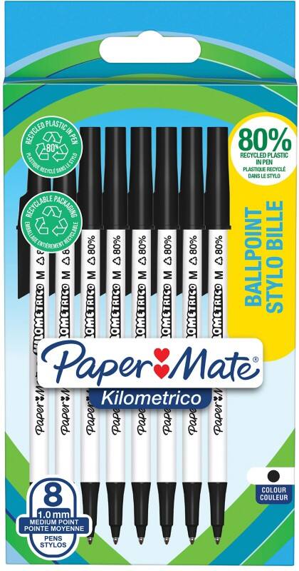 Papermate Kilometrico Balpen Zwart 0,7 mm Medium Balpen 8 Stuks