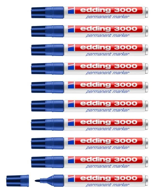 edding 3000 Permanentmarker 100% Gerecycled Medium Ronde punt - 3 mm Blauw Navulbaar Waterbestendig 10 Stuks