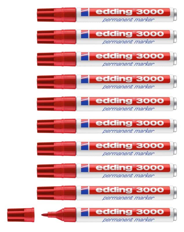 edding 3000 Permanentmarker 100% Gerecycled Medium Ronde punt - 3 mm Rood Navulbaar Waterbestendig 10 Stuks