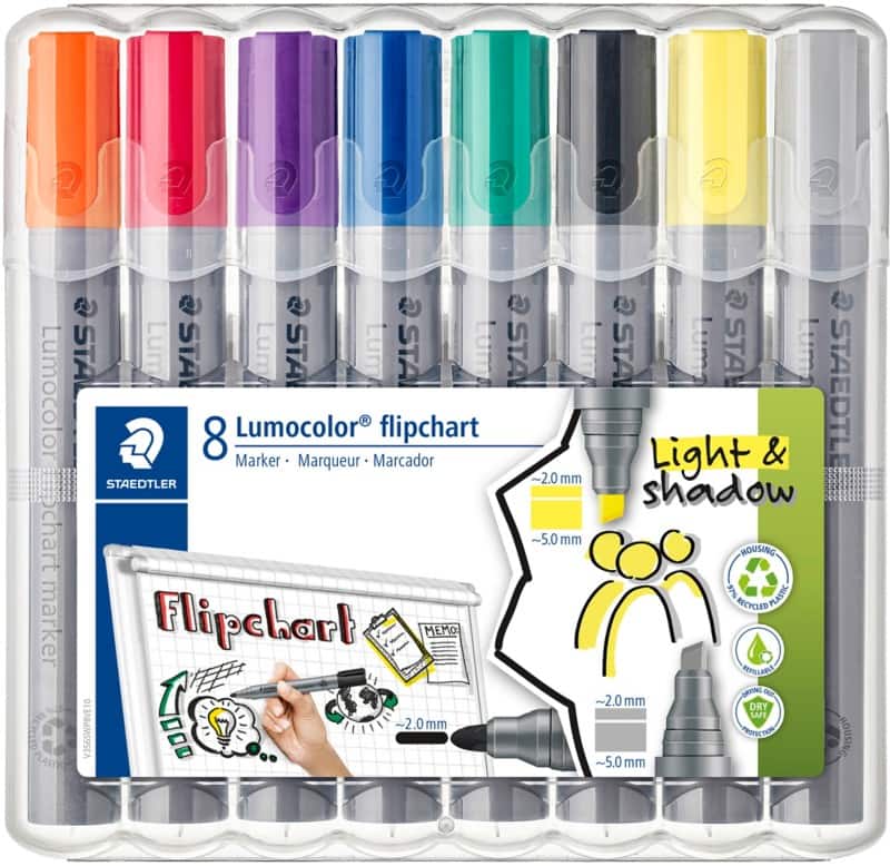 STAEDTLER Lumocolor Flipovermarker Extra breed Beitelpunt - 5 mm Kleurenassortiment Navulbaar 8 Stuks