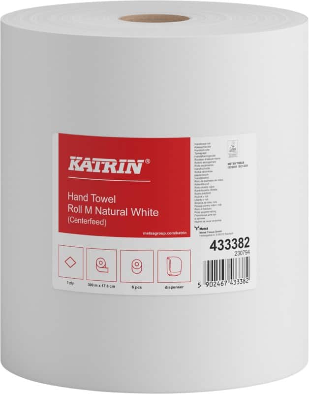 KATRIN Basic Handdoeken Rol Wit 1-laags 433382 6 Rollen à 300 m