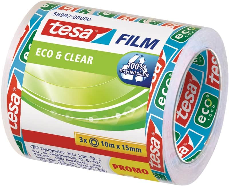 tesa Plakband tesafilm Eco & Clear 56997 Transparant 15 mm (B) x 10 m (L) PP (Polypropeen) 100% Gerecycled 3 Rollen