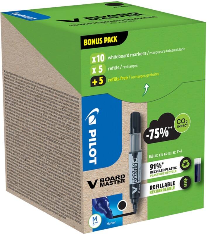 Pilot Greenpack Niet-permanent Whiteboard-marker Zwart Medium Ronde punt  -   80% Gerecycled 20 Stuks