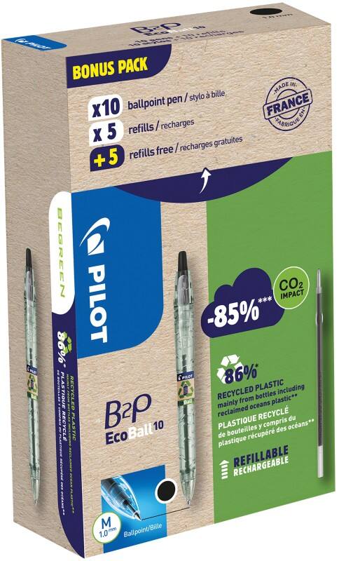 Pilot B2P Ecoball Balpen Zwart Medium 0,4 mm Verpakking van 10 Pennen en 10 Navullingen