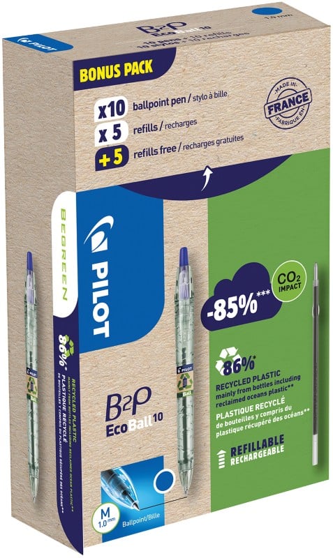 Pilot B2P Ecoball Balpen Blauw 0.4 mm Medium Kegelvormig Navulbaar Recycled 20 Stuks