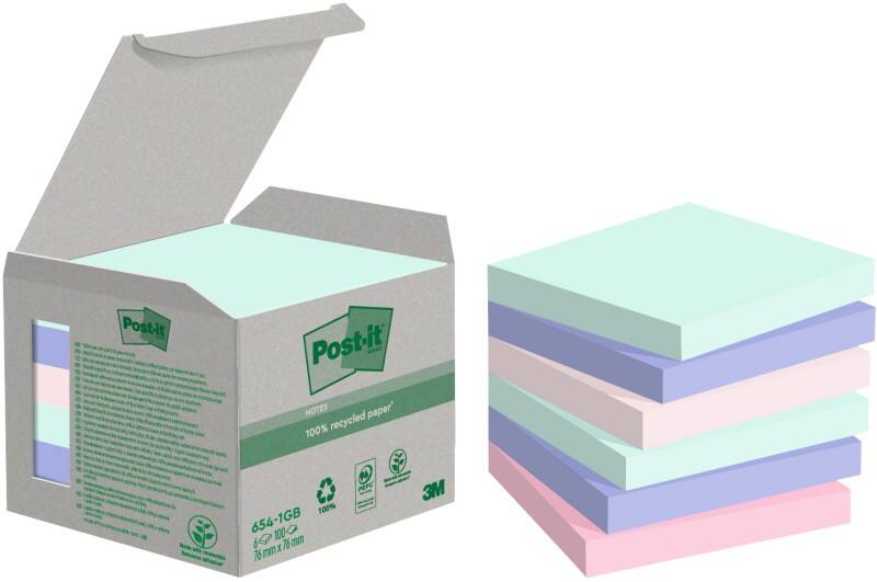 Post-it Recycled Sticky Notes Kleurenassortiment Pastel 76 x 76 mm 100 Vellen Pak van 6