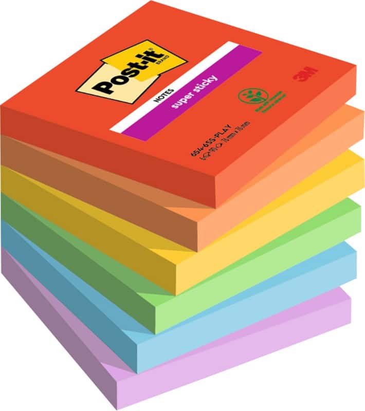 Post-it super sticky notes playful kleuren collectie 76 mm x 76 mm 90 vellen pak van 6