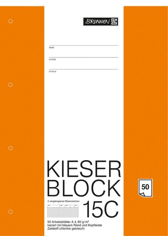 BRUNNEN Kieserblock 15C Schrijfblok A4 Geruit Gelijmd Papier Niet geperforeerd 50 Vellen