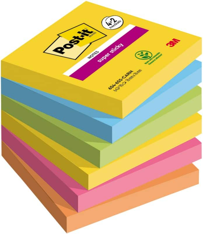 Post-it Super Sticky Notes 76 x 76 mm Carnival Kleurenassortiment 90 Vellen Voordeelpak 4 blokken + 2 GRATIS