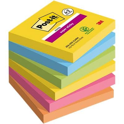 Post-it Super Sticky Notes 76 x 76 mm Carnival Kleurenassortiment 90 Vellen Voordeelpak 4 blokken + 2 GRATIS