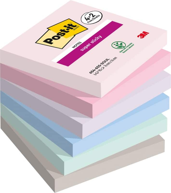 Post-it Super Sticky Notes 76 x 76 mm Soulful Kleurencollectie 90 Vellen Voordeelpak 4 blokken + 2 GRATIS