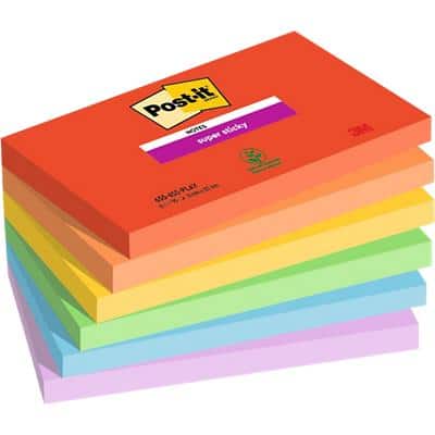 Post-it Super Sticky Memoblaadjes 76 x 127 mm Blauw, geel, groen, oranje, rood, violet Rechthoekig Blanco 6 blokken van 90 vel