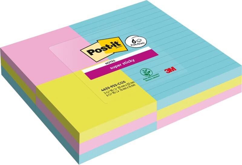 Post-it Cosmic Collection Super Sticky Notes Rechthoekig 152 x 101 mm Gelinieerd Kleureassortiment 4633-9SS-COS 90 9 Blokken à 90 Vellen