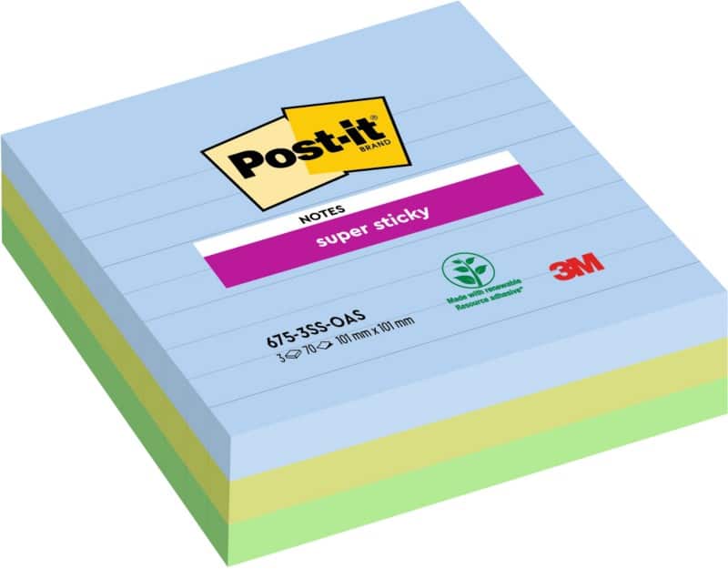 Post-it Oasis Super Sticky Notes 101 x 101 mm Kleurenassortiment 3 Stuks à 70 Vellen