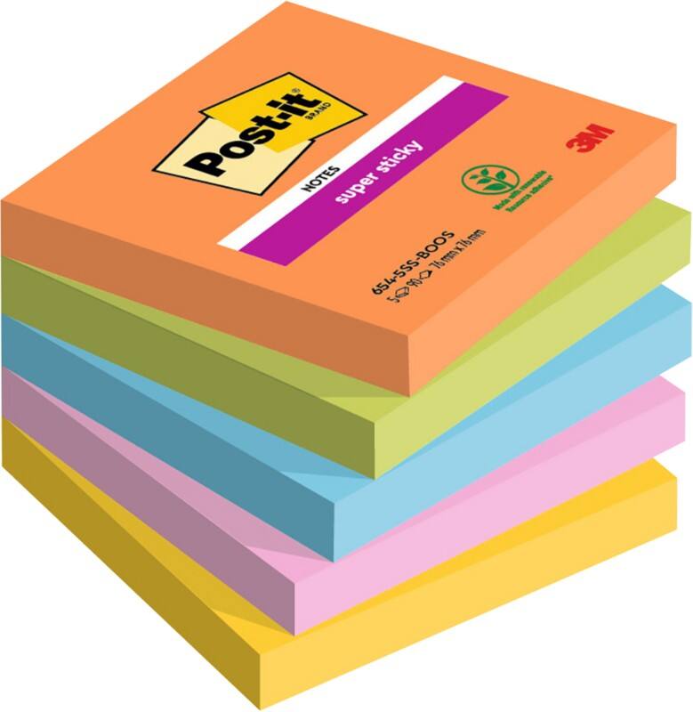 Post-it Super Sticky Notes 76 x 76 mm Kleurenassortiment 90 Vellen Pak van 5