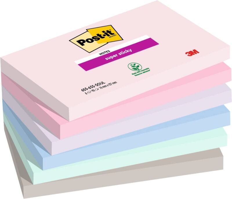 Post-it Soulful Super Sticky memoblaadjes Rechthoekig 127 x 76 mm Blanco Blauw, grijs, groen, lavendel, roze 655-6SS-SOUL 90 6 Stuks à 90 Vellen