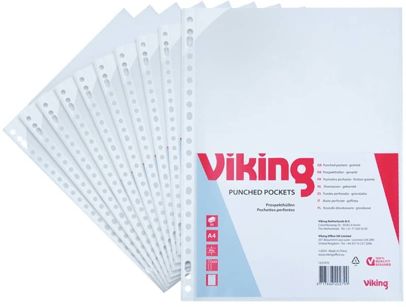 Viking Showtassen A4 Generfd Transparant 80 micron PP (Polypropeen) Boven 23 Gaten 50 Stuks
