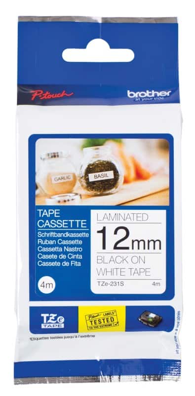 Brother TZe-231S 12 mm etiketteertape zwart op wit 4 m