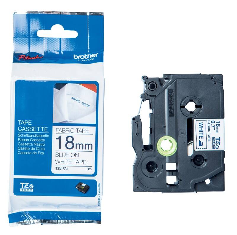 Brother TZe-FA4 Etiketteertapecassette Strijkstof Blauw op wit 3 m