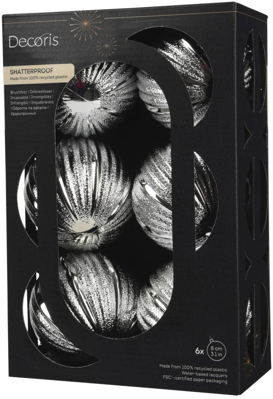 DECORIS Kerstbal Breukvast Zilver 8 cm 6 Stuks
