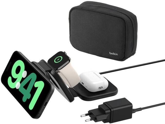 Belkin BoostCharge Pro 3-in-1 Travel Magnetisch Draadloze oplader met Qi2 1.5 m USB-C-kabel 36W USB-C-voeding Reisetui Zwart WIZ024VFBK