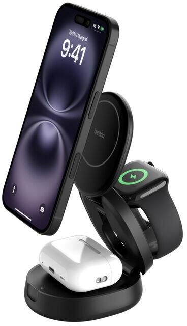 Belkin BoostCharge 3-in-1 Compact Magnetisch Draadloze oplader met Qi2 USB-C naar USB-C-kabel 36W USB-C-voeding Zwart WIZ034KQBK