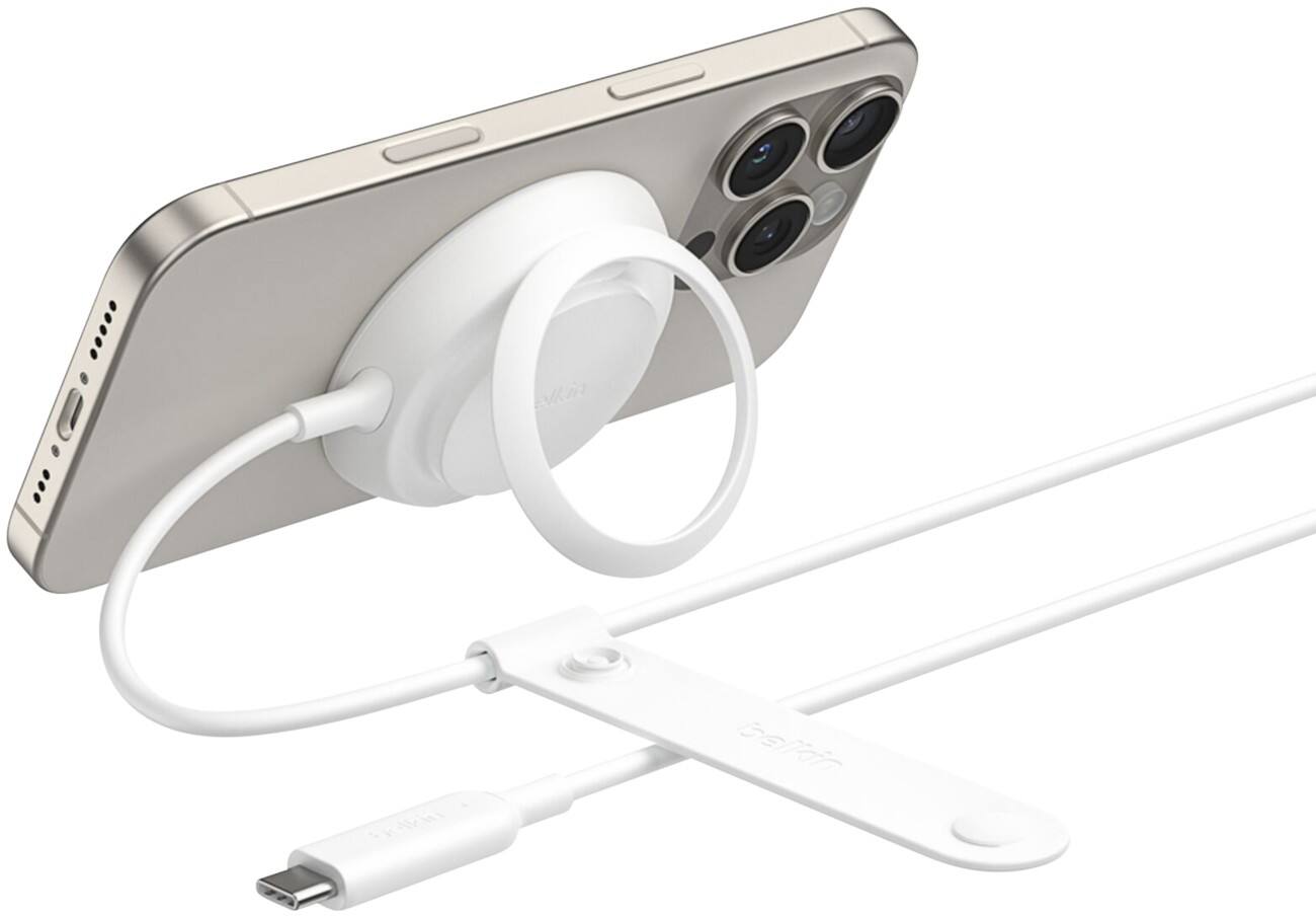 Belkin UltraCharge Magnetisch Draadloze oplader met Qi2 25W en USB-C-kabel 2 m met vaste aansluiting Wit WIA014HQWH