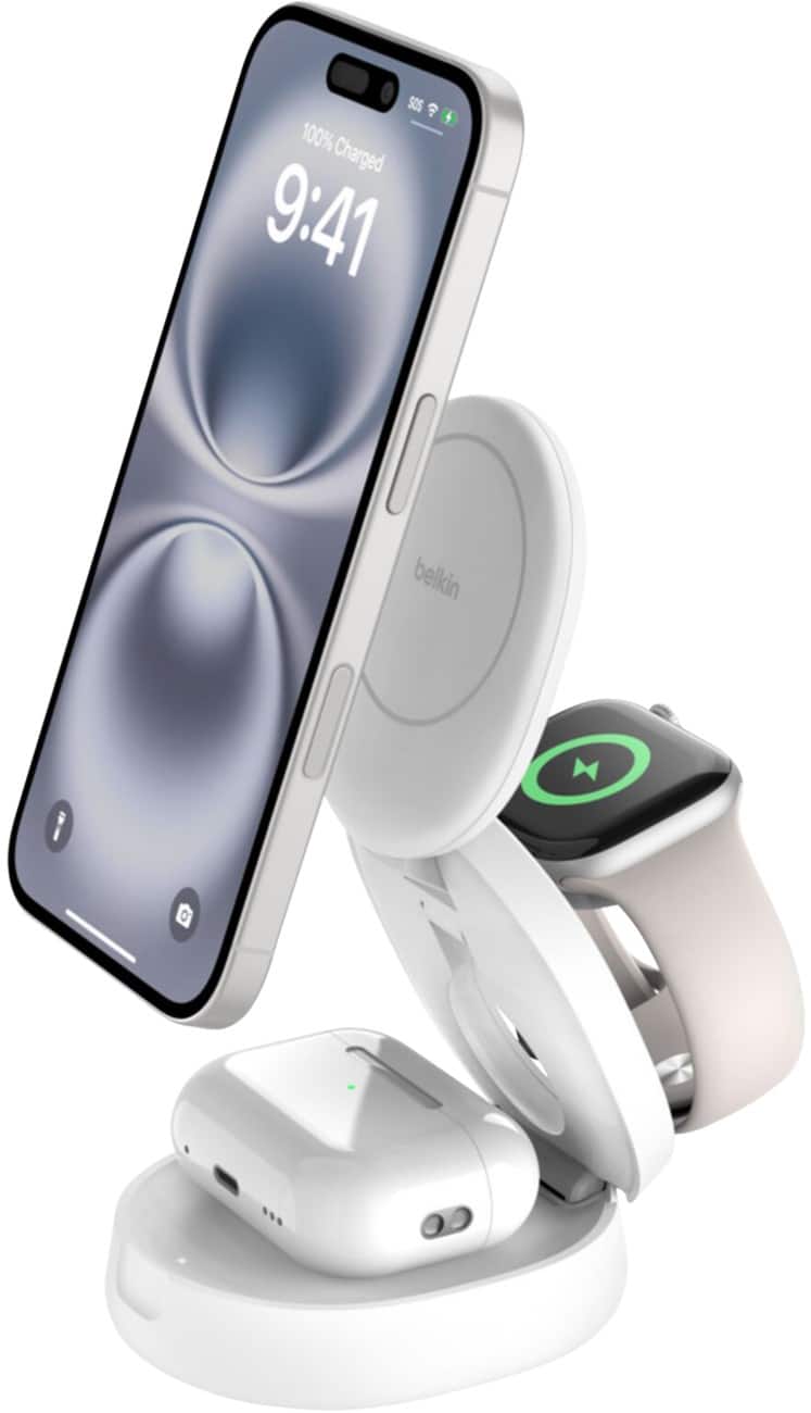 Belkin BoostCharge 3-in-1 Compact Magnetisch Draadloze oplader met Qi2 USB-C naar USB-C-kabel 36W USB-C-voeding Wit WIZ034KQWH