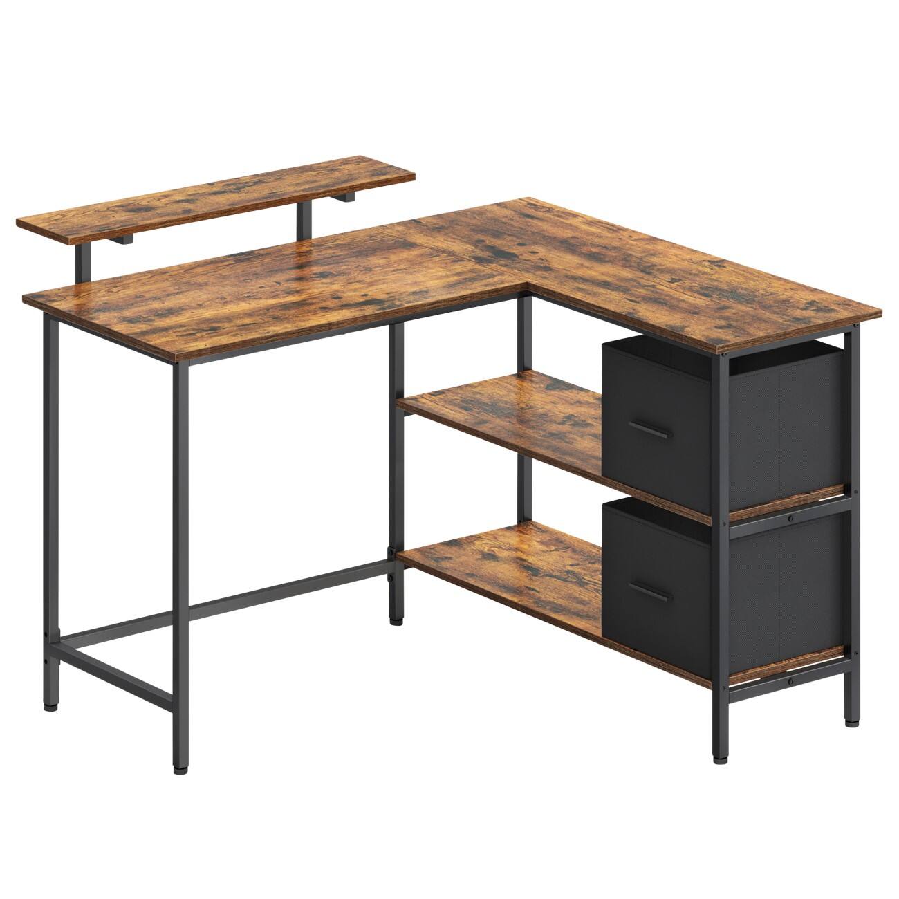 VASAGLE Computertafel L-vorm Vintage Bruin L-Voet 2 Lades 1,150 (B) x 1,050 (D) x 900 (H) mm PA (Polyamide), Spaanplaat, Staal, Stof