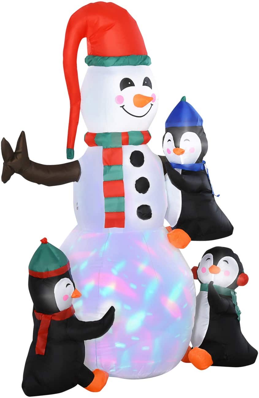 HOMCOM Opblaasbare kerstversiering Sneeuwpop met Drie pinguïns Blazer en LED-verlichting 140 x 70 x 180 cm