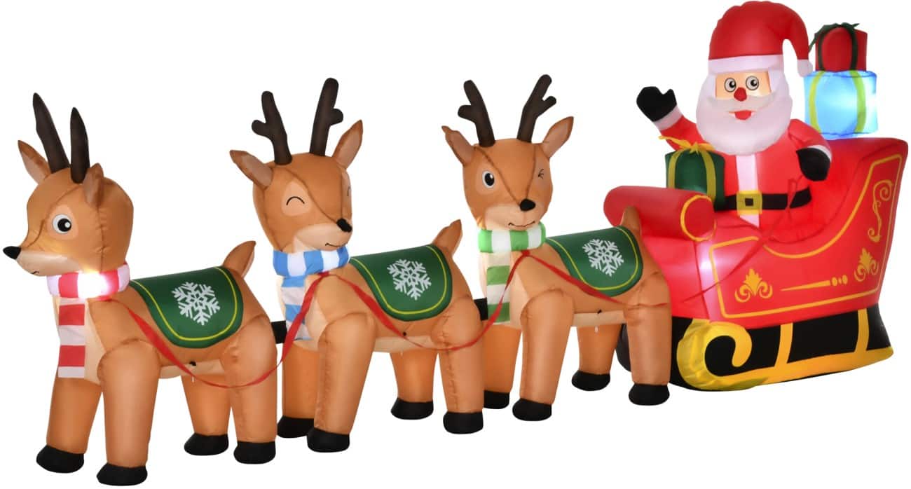 HOMCOM Opblaasbare kerstversiering Kerstslee met drie rendieren Blazer en LED-verlichting 319 x 59 x 132 cm