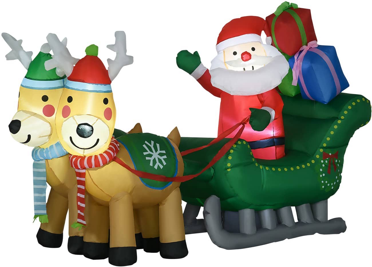 HOMCOM Opblaasbare kerstversiering Kerstslee met twee rendieren Blazer en LED-verlichting 210 x 70 x 125 cm