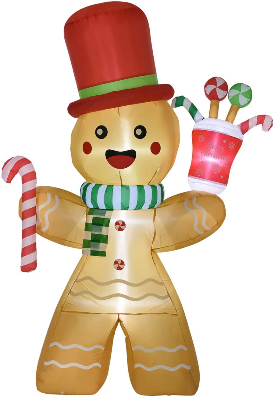 HOMCOM Opblaasbare kerstversiering Peperkoekmannetje met zuurstok Blazer en LED-verlichting 170 x 75 x 235 cm