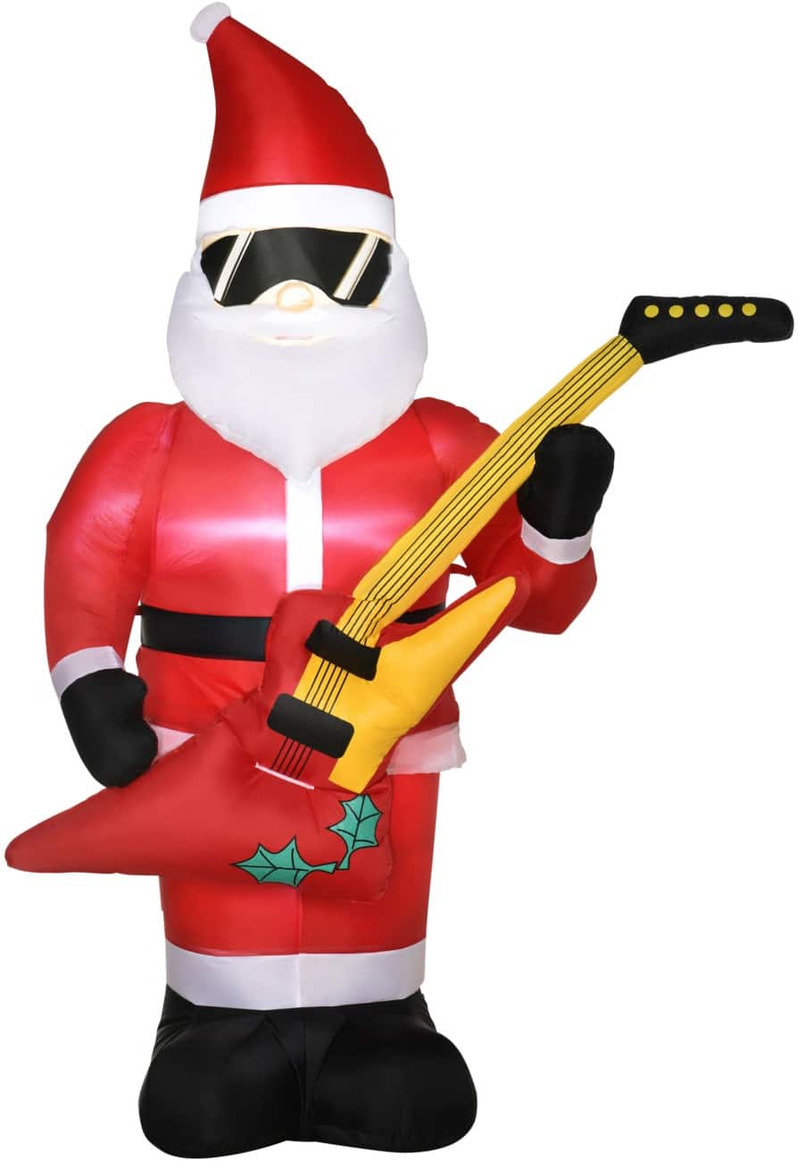 OutSunny Opblaasbare kerstversiering Kerstman met elektrische gitaar Blazer en LED-verlichting 140 x 75 x 215 cm