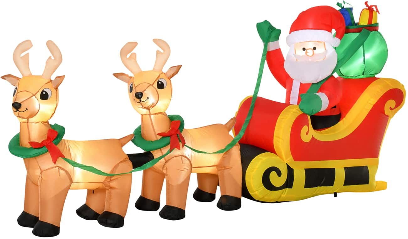 HOMCOM Opblaasbare kerstversiering Kerstman-slee met rendier Blazer en 6 LED-verlichting 240 x 57 x 112 cm
