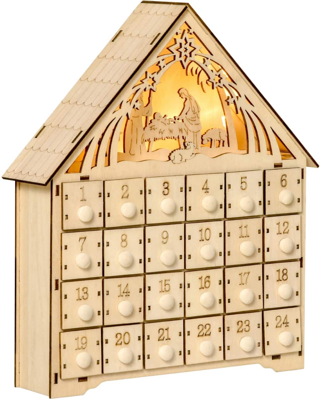 HOMCOM LED Adventkalender Kerststal Naturel Hout 26,6 x 6 x 30 cm