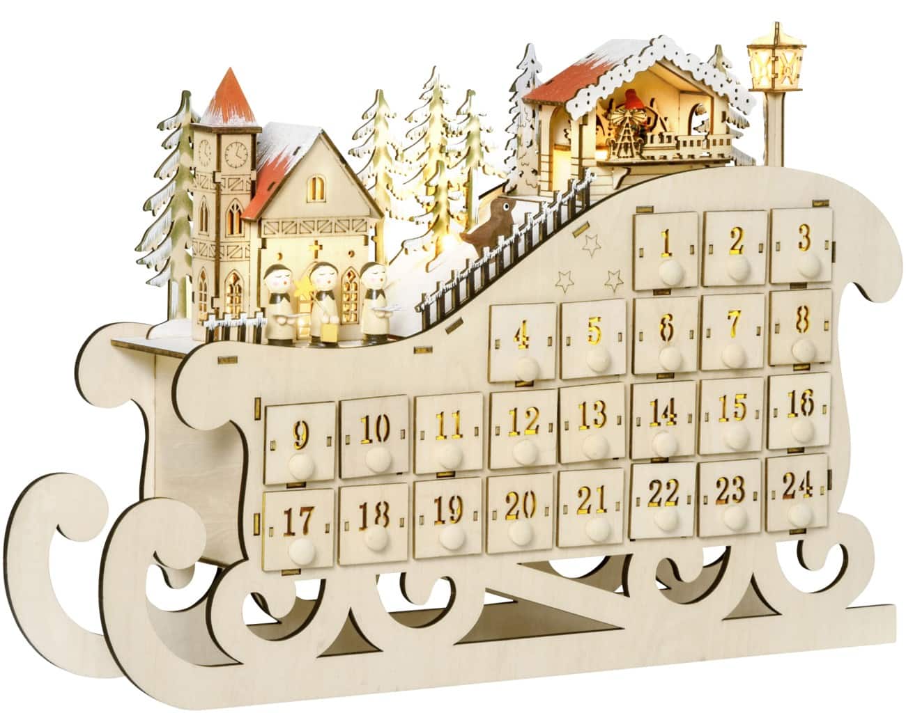 HOMCOM LED Adventkalender Slee Naturel Hout 45 x 10 x 31 cm