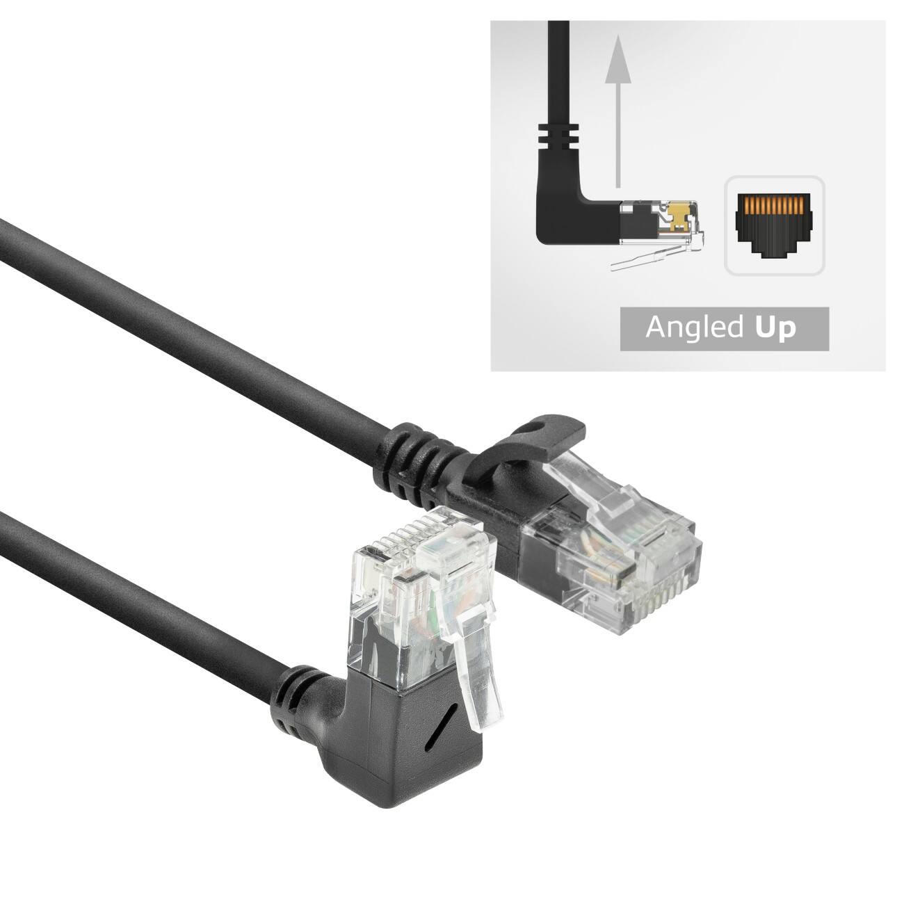 ACT Slimline Netwerkkabel U/UTP CAT6A LSZH RJ45 Haaks naar beneden naar recht 0,5 m Zwart