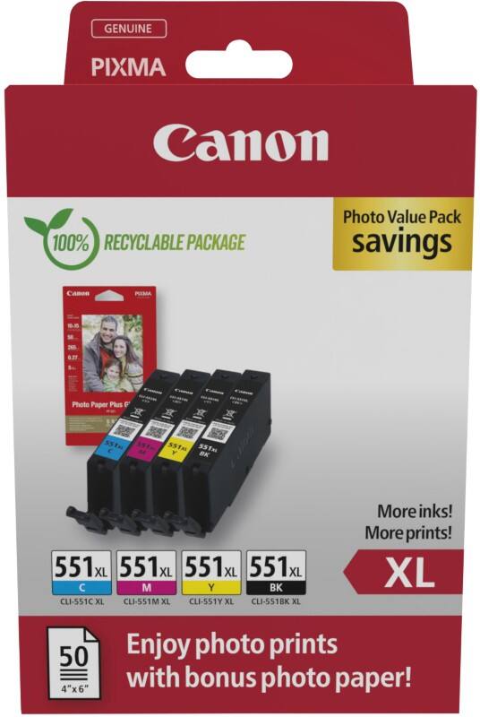 Canon CLI-551XL Inktcartridge 6443B008 Zwart, cyaan, magenta, geel Multipack met 4 Stuks Foto-inkt