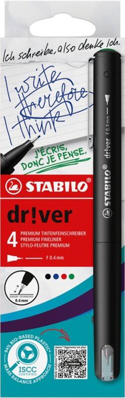 STABILO dr!ver Fineliner 0,4 mm Naaldpunt Kleurenassortiment EO1088/4-01 4 Stuks
