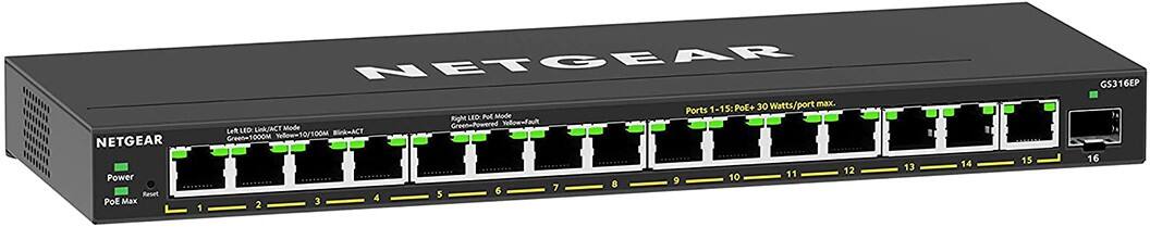 NETGEAR GS316EP-100PES Netwerk Schakelaar Managed Gigabit Ethernet (10/100/1000) Power over Ethernet (PoE) Zwart