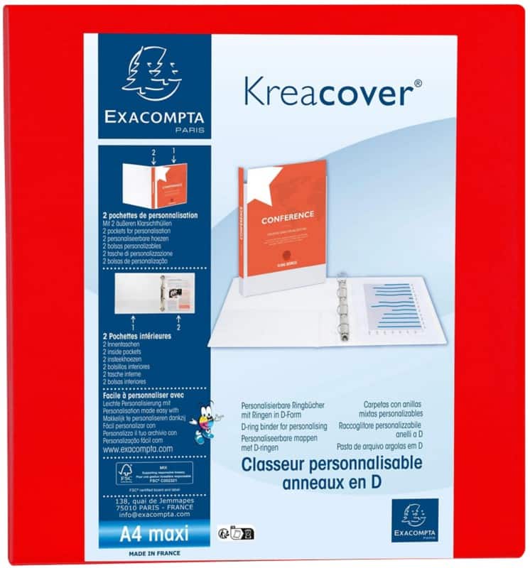 Exacompta Kreacover 60 mm Ringband Karton, PP (Polypropeen) A4+ 4 Ringen Rood 51845RE 10 Stuks