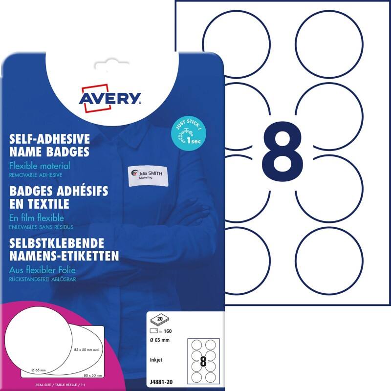 AVERY Zweckform Inkjet Naambadge-etiketten J4881-20 Zelfklevend Speciaal formaat Wit 6,5 x 6,5 cm 20 Stuks