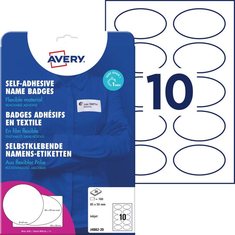 AVERY Zweckform Inkjet Naambadge-etiketten J4882-20 Zelfklevend Speciaal formaat Wit 8,5 x 5 cm 20 Stuks