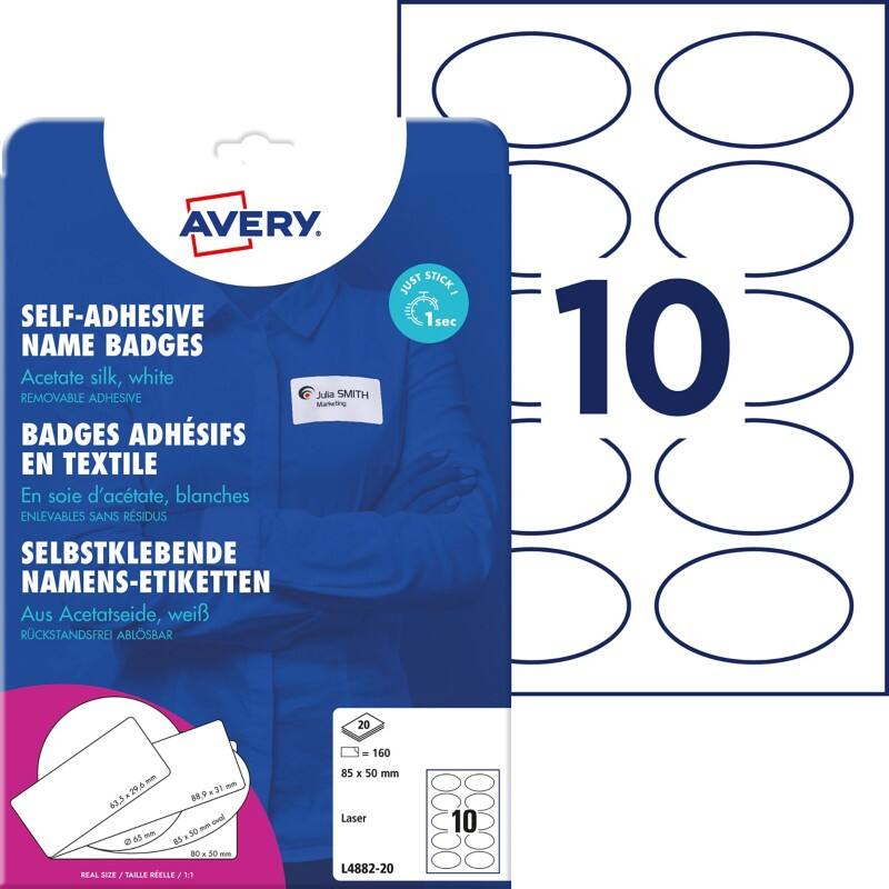 AVERY Zweckform Laser Naambadge-etiketten L4882-20 Zelfklevend Speciaal formaat Wit 8,5 x 5 cm 20 Stuks