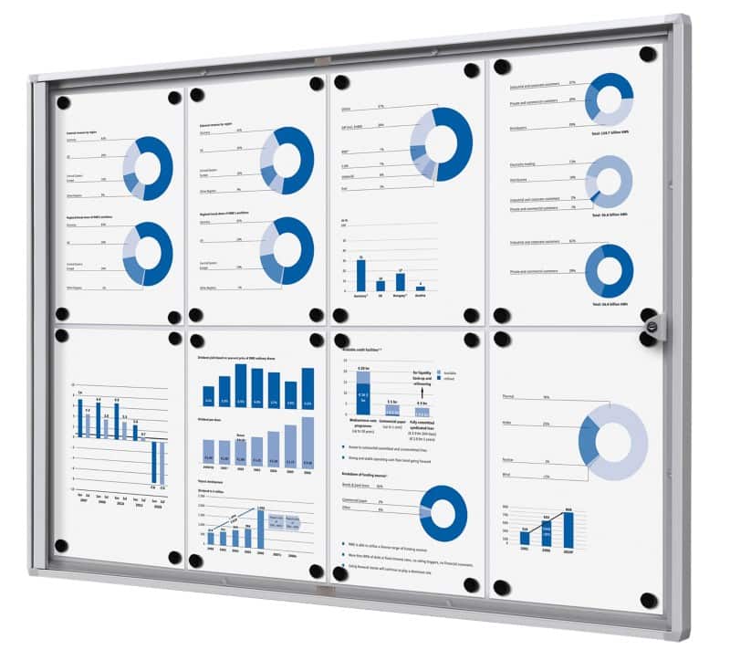 SHOWDOWN Vergrendelbaar notitiebord Magnetisch 8 x A4 Wandmontage Afsluitbaar 93,1 (B) x 65,5 (H) cm Zilver